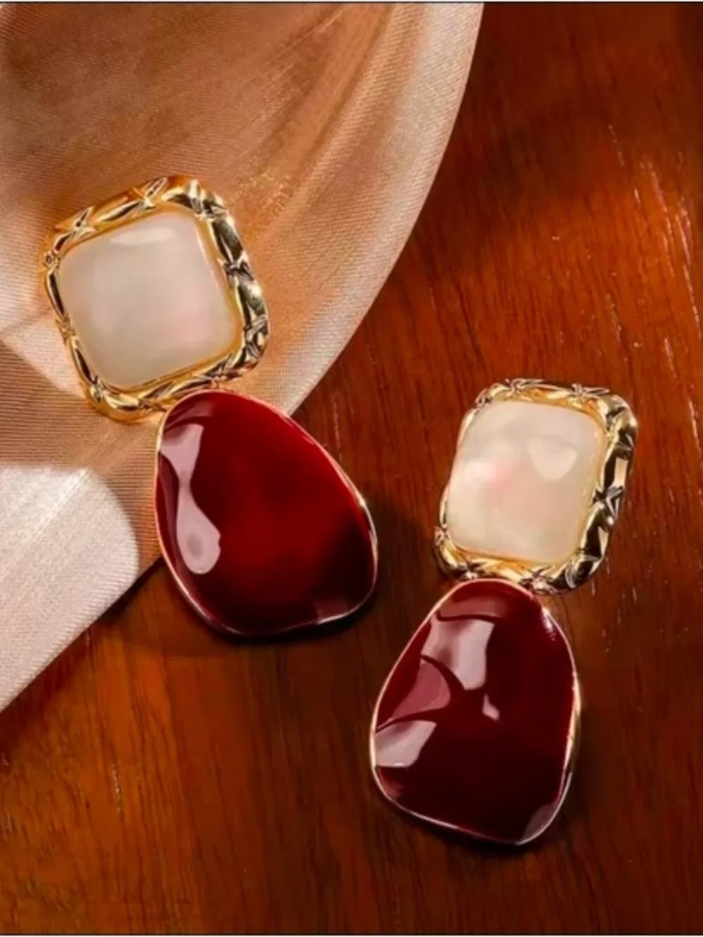 Gold Pearl and Cherry Red Drop Earrings